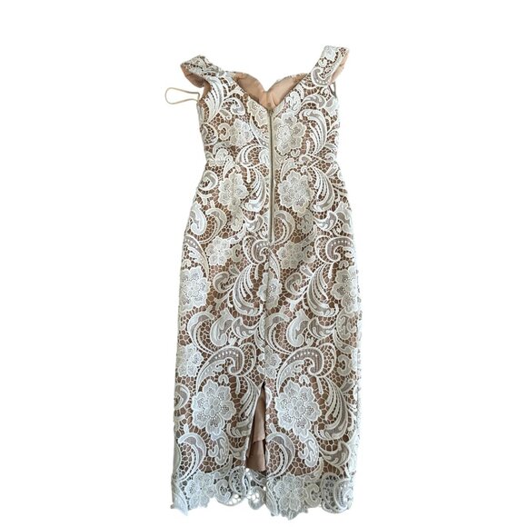 SISTARESS White Lace Nude Lined MIDI Weddjng Cocktail Dress Size Small - Picture 5 of 9